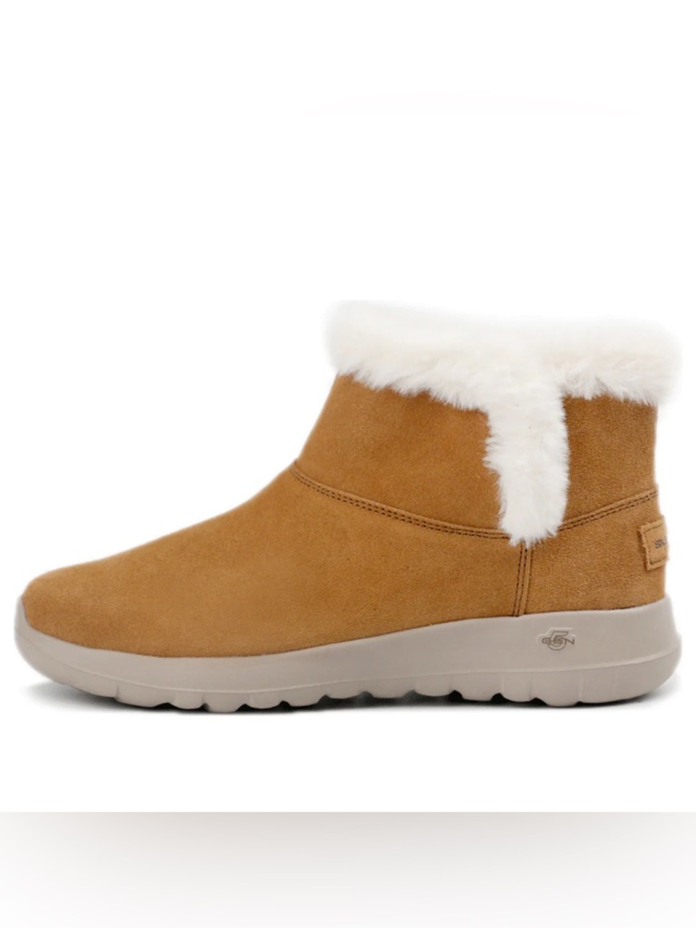 Skechers Air Cooled Goga Mat Tan Suede Ankle Boot with White Faux Fur Collar 8